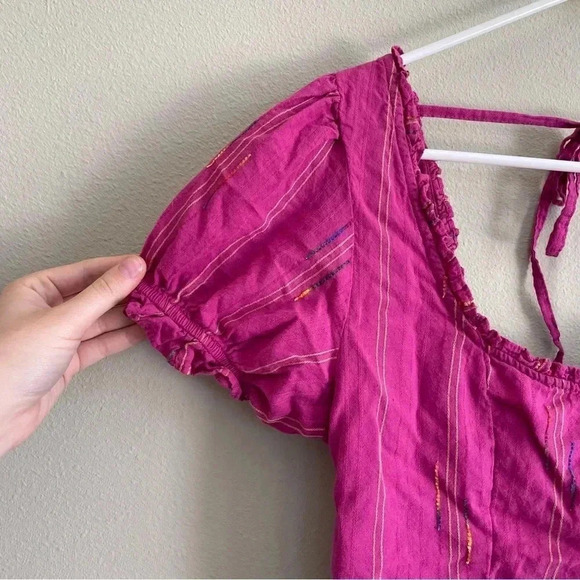 Free People Magenta Crop Top Rainbow Stitching Puff Sleeve Smocked Back Size M - Picture 5 of 12